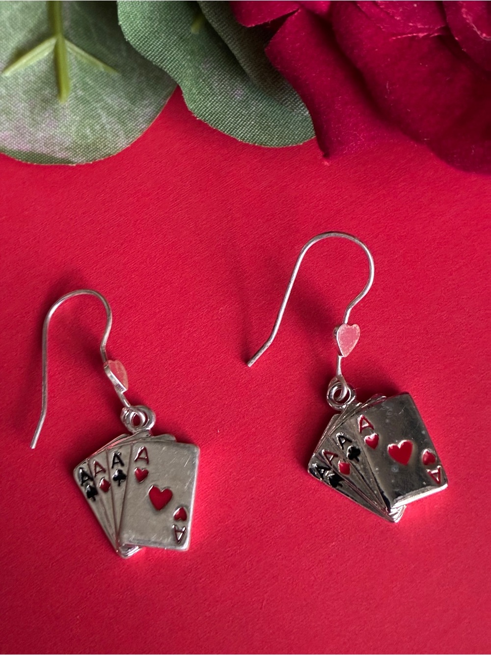 925 Sterling Silver Playing Card Dangle Earrings - Red Heart Accent